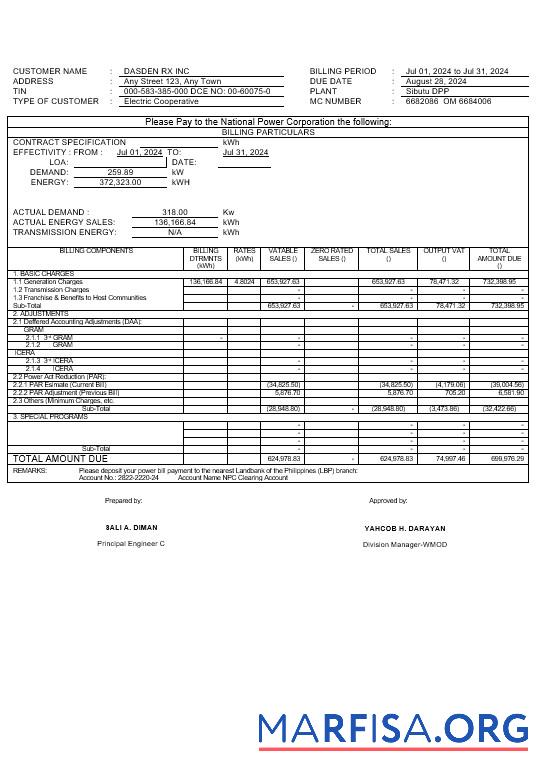Downloadable Philippines Tawelco business utility bill Word and PDF template